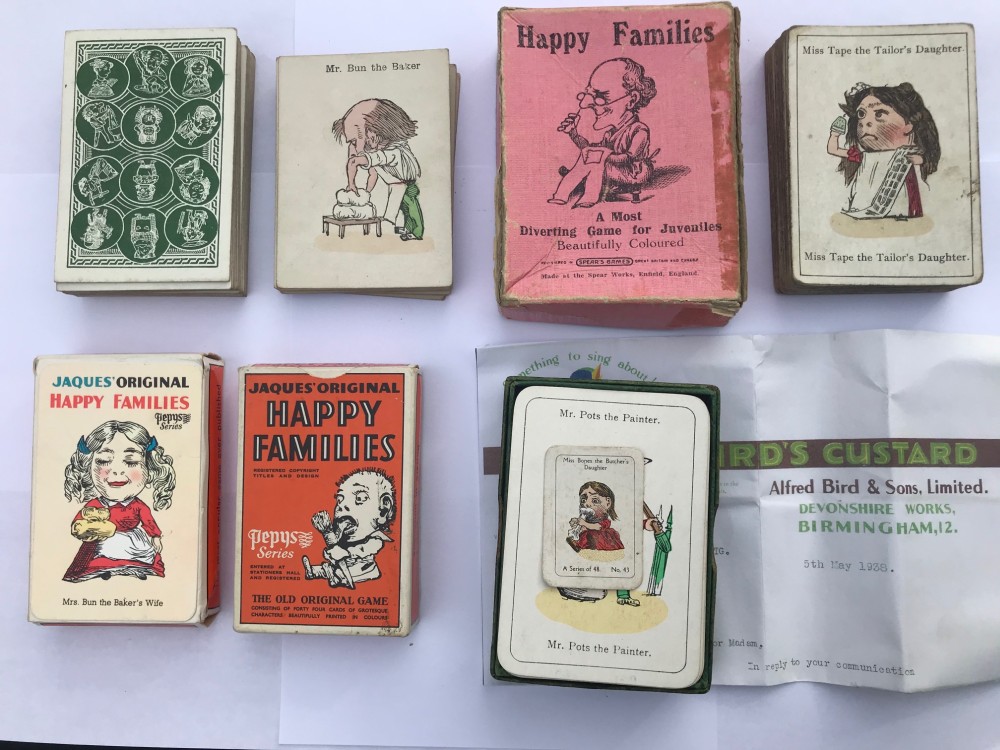 Thirteen packs of Jaques card game of Happy Families in original boxes and three without boxes dating from 1900 to 1960s, all complete,